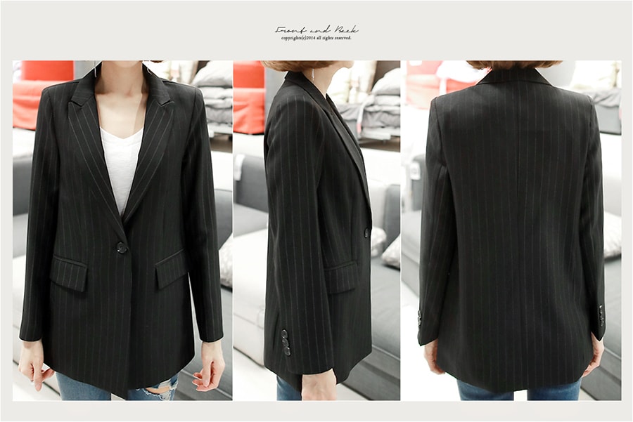 KOREA Single Button Striped Blazer #Black M(36) [Free Shipping]