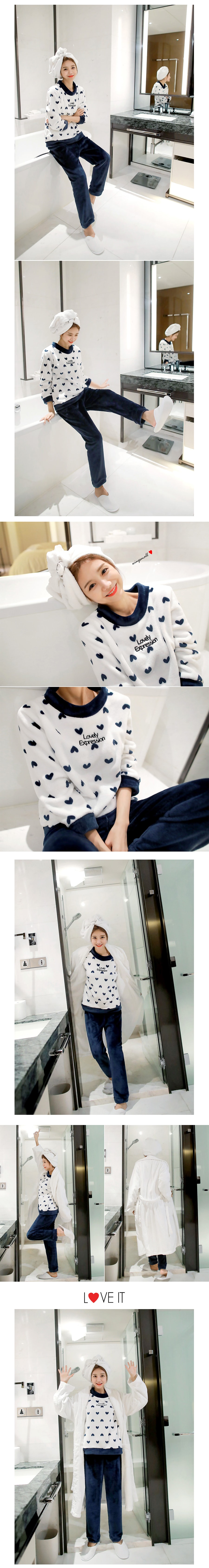 [KOREA] Lovely Fleece Pajama 2 Piece Set #Navy One Size(S-M) [Free Shipping]