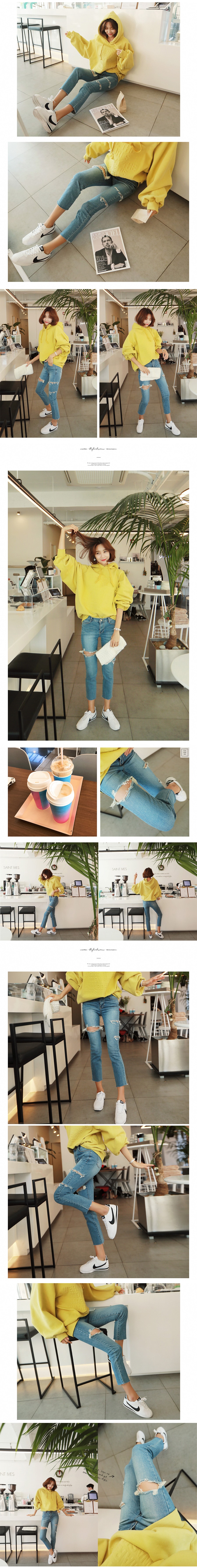 KOREA [Free Shipping] Distressed Straight Crop Jeans #Light Blue M(27-28)