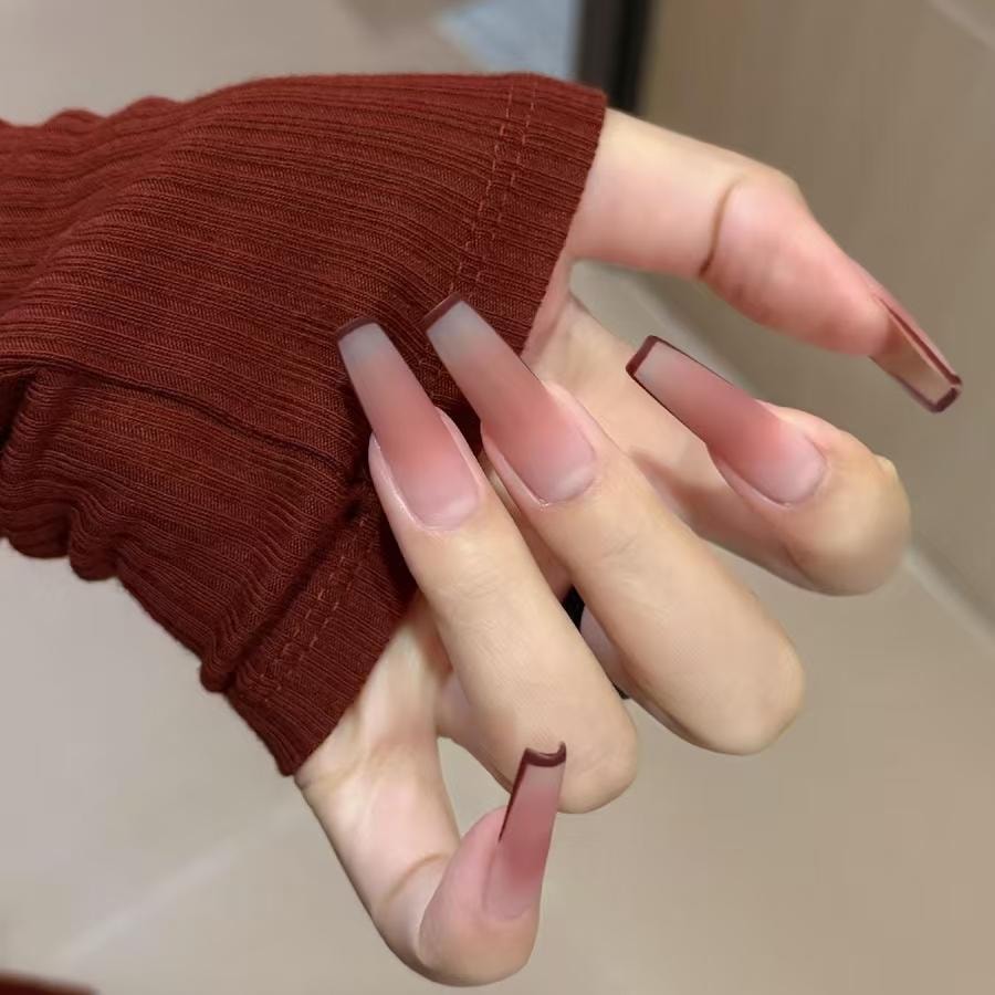 健康其他 雾中玫瑰 酒红法式边磨砂腮红渐变晕染手工穿戴甲5片*2板 M码