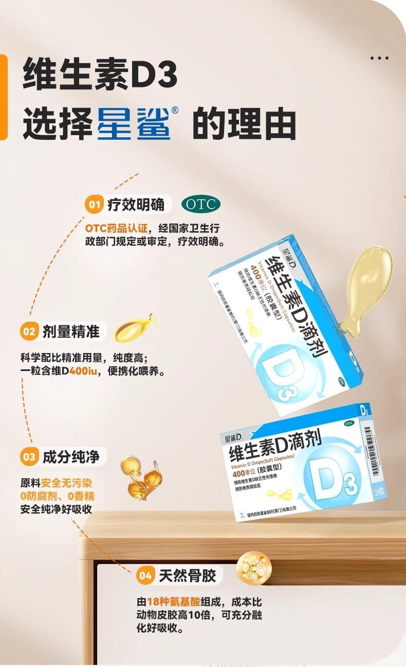 【中國直郵】 星鯊 維生素D3軟膠囊 24粒/盒 兒童成人通用 促進鈣吸收 骨骼健康