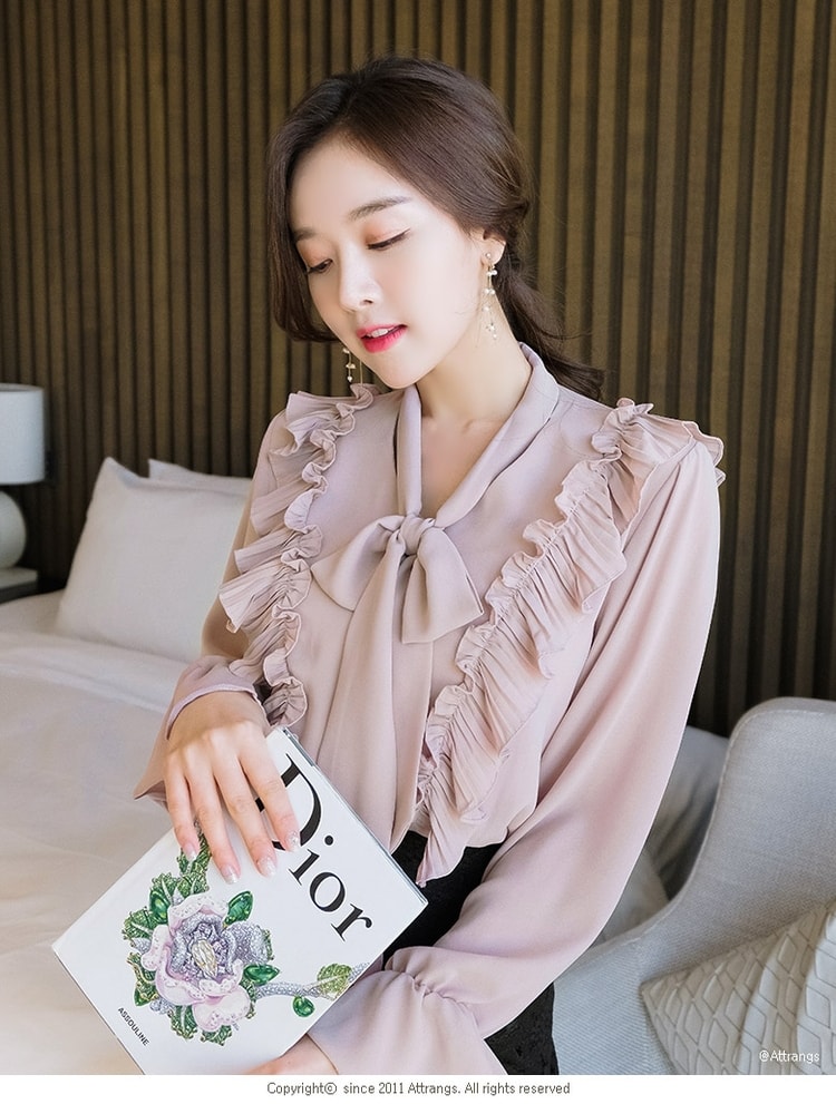 【韩国直邮】ATTRANGS 浪漫荷叶边装饰衬衫 粉色 均码