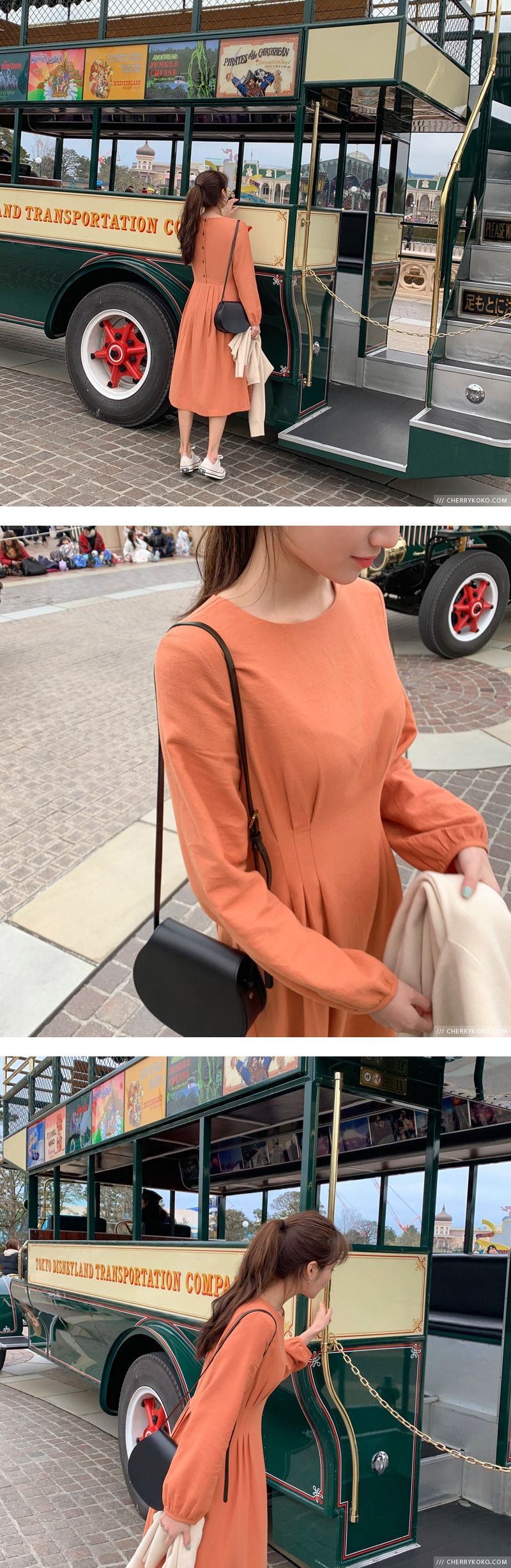【韩国直邮】CHERRYKOKO 圆领收腰长款连衣裙 橘色 均码
