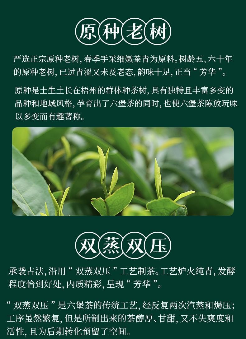 Oriencha 芳华六堡茶2012年陈老树金花茶叶核心产区非遗双蒸双压工艺甘