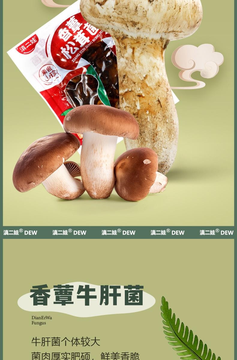 滇二娃 風華食光 雲南特產即食山野珍品 (松茸菌 牛肝菌 雞樅菌) 3種即食香菇零食下飯菜 六包125克±5克