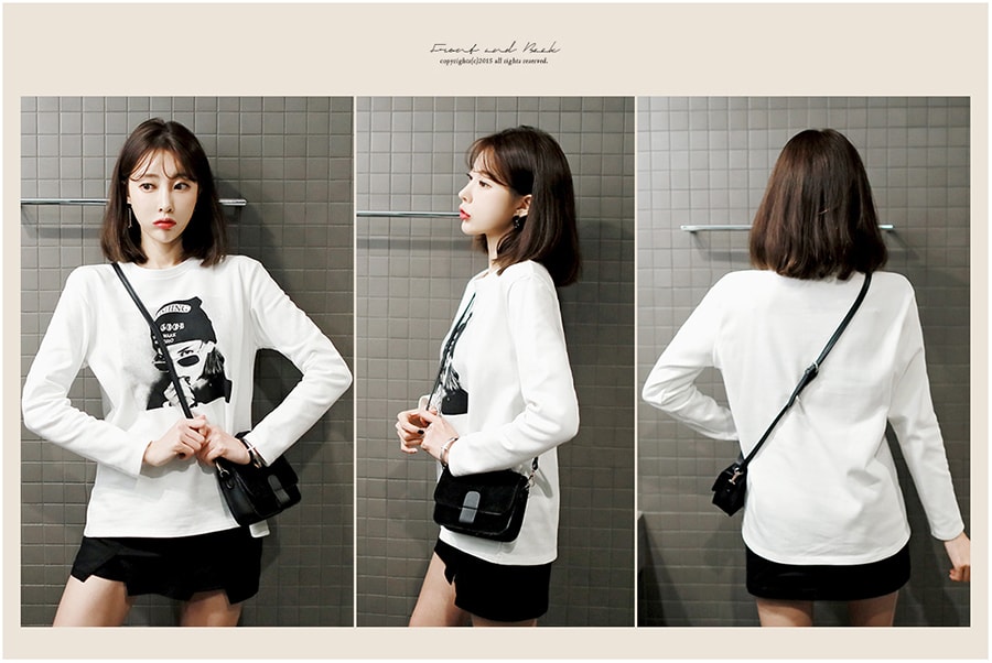KOREA Black Beanie Girl Printed T-Shirt #Ivory+Denim Skort #Black S(25-26) [Free Shipping]