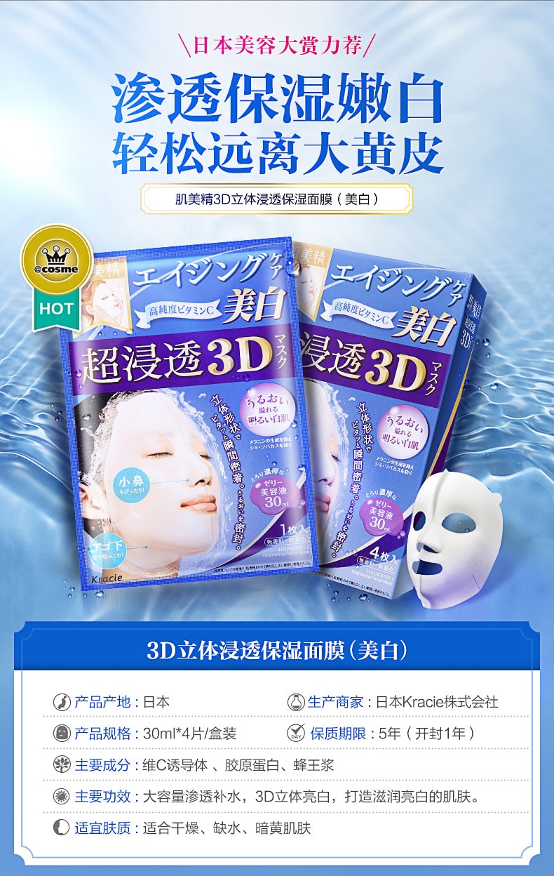 【日本直郵】KRACIE嘉娜寶 肌美精3D 超浸透高濃度玻尿酸美白面膜 4片