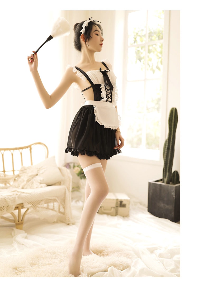 【中國直郵】瑰若 性感可愛 女僕裝女傭制服 情趣套裝 白色 均碼(含絲襪)