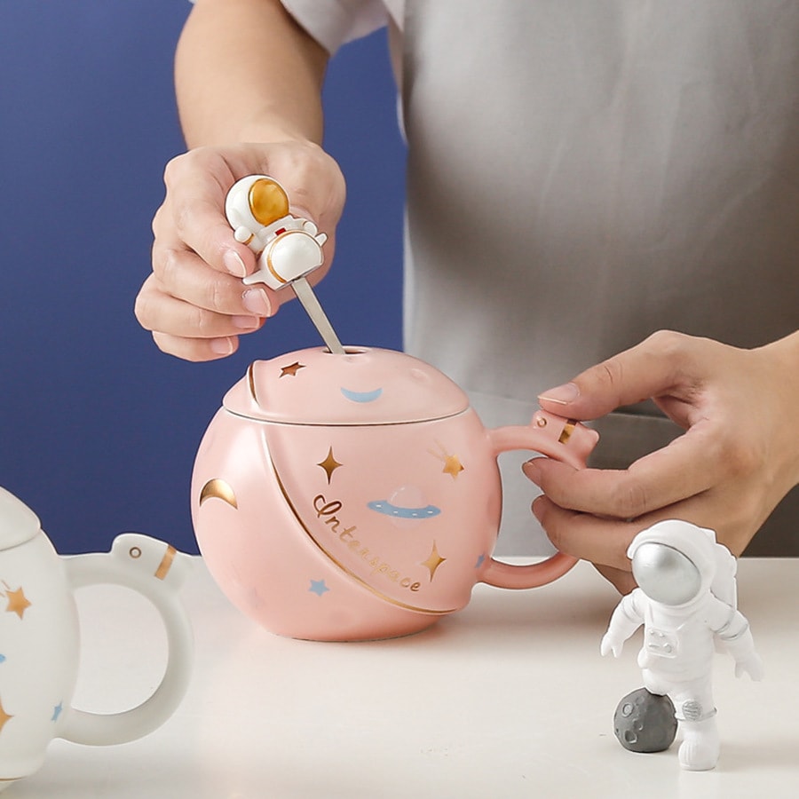 【送好禮】 火箭星球馬克杯 創意太空太空人水杯 大容量咖啡杯陶瓷杯子 禮盒裝 粉紅色 1套