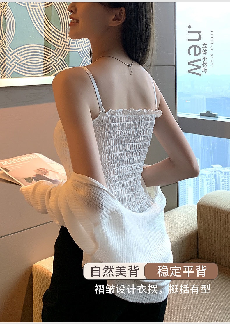 【中國直郵】爪哇島 夏季新款網紅美背抹胸百褶背心 帶胸墊外穿內搭吊帶(長款黑色)均碼80-130斤