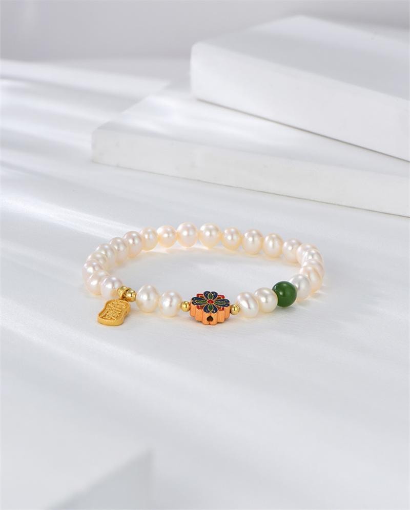 【中国直邮】 周大生 珍珠手链纯银女款安康福牌银串珠转运珠高级 1个装