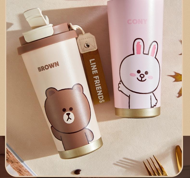 【中国直邮】日本 LINE FRIENDS 布朗熊新款保温杯316不锈钢大容量吸管杯高颜值儿童保温双饮水杯   500ml