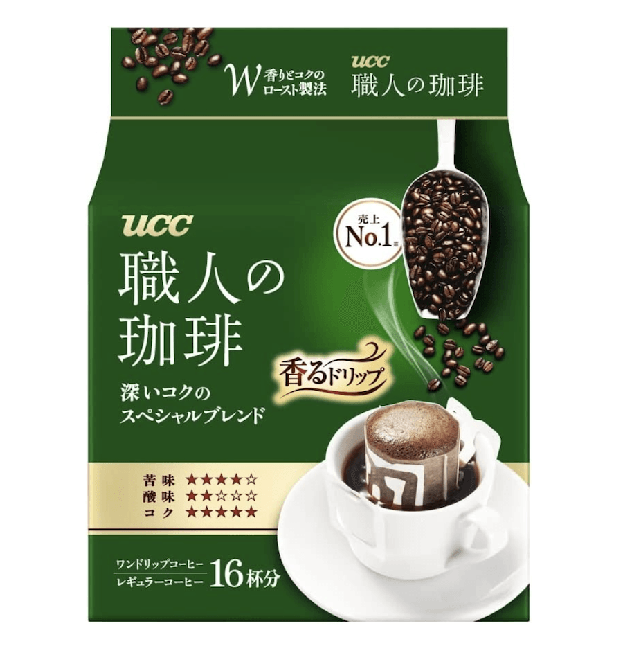 【日本直郵】新款UCC 咖啡職人 滴漏掛耳咖啡 純黑咖啡粉 提神無蔗糖 深厚濃鬱 綠色裝 7g*16袋