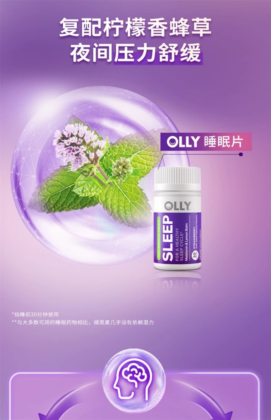 【中国直邮】OLLY 褪黑素睡眠片安瓶睡眠sleepwell退黑素30片