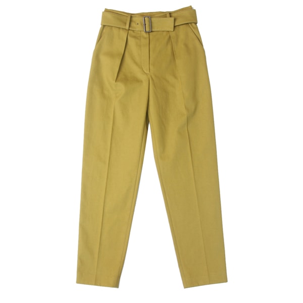 Women's High Waist Pure Cotton Loose Casual Trousers Pants with Belt Yellow-green L