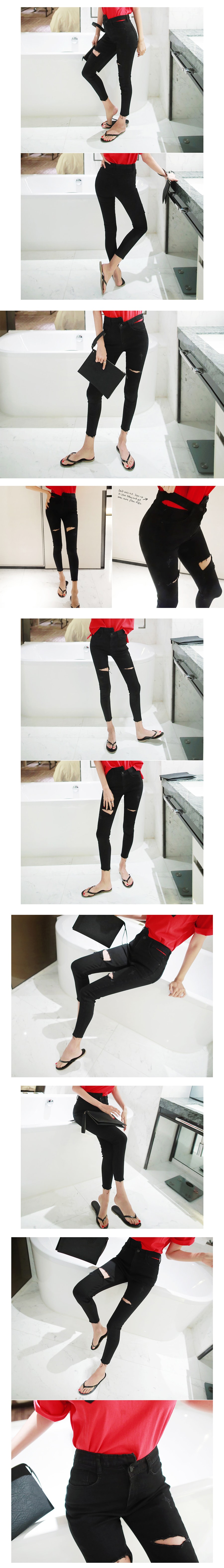 [KOREA] Skewed-Waist Distressed Skinny Jeans #Black S(25-26) [免费配送]