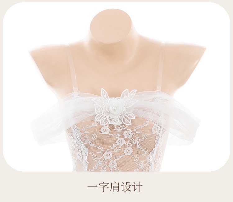 【中国直邮】霏慕 情趣内衣 透纱蕾丝新娘装 性感婚纱套装 白色均码(不含手套)