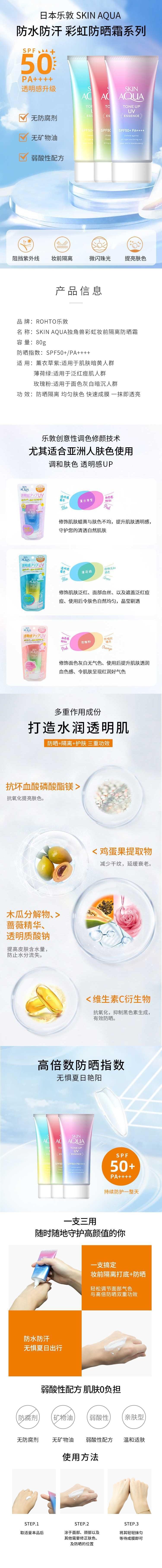 【日本直郵】ROHTO樂敦 SKIN AQUA彩虹美肌隔離防曬霜 SPF50+/PA++++ 薄荷綠 80g