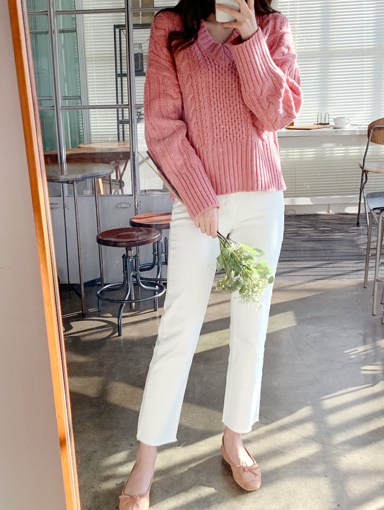 【韩国直邮】MIMIDIDI V领短款麻花编织针织衫 粉色 均码