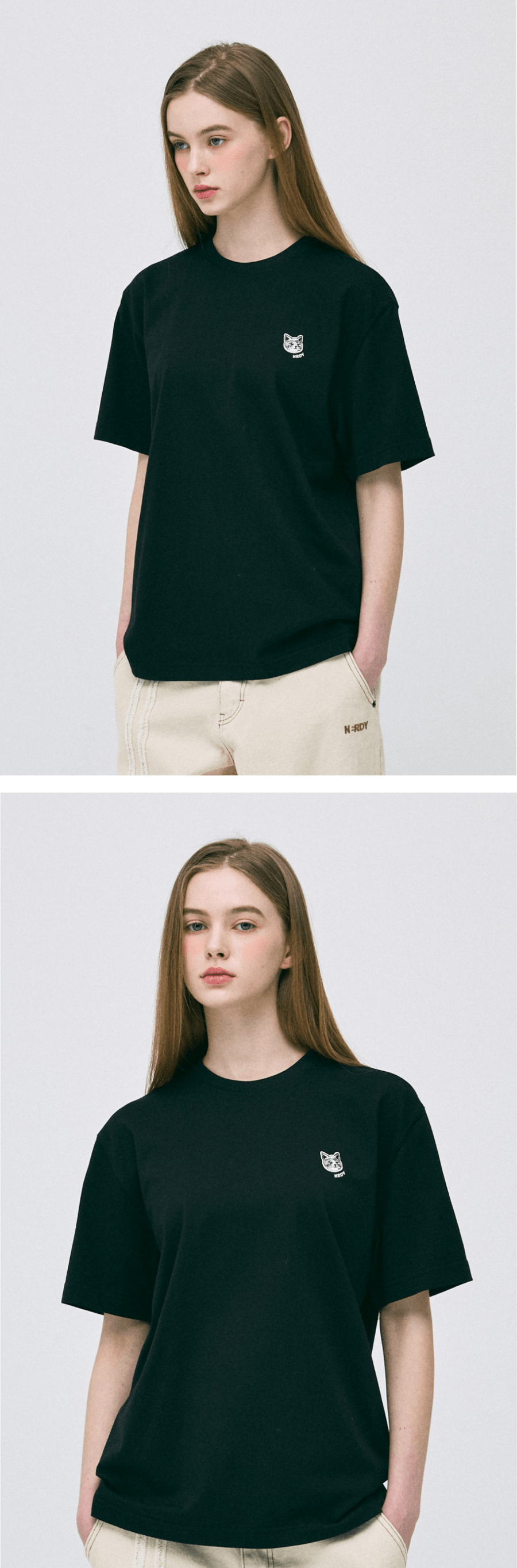 【韓國直郵】 韓國 NERDY 刺繡狐狸小貓短袖T卹 黑色 L