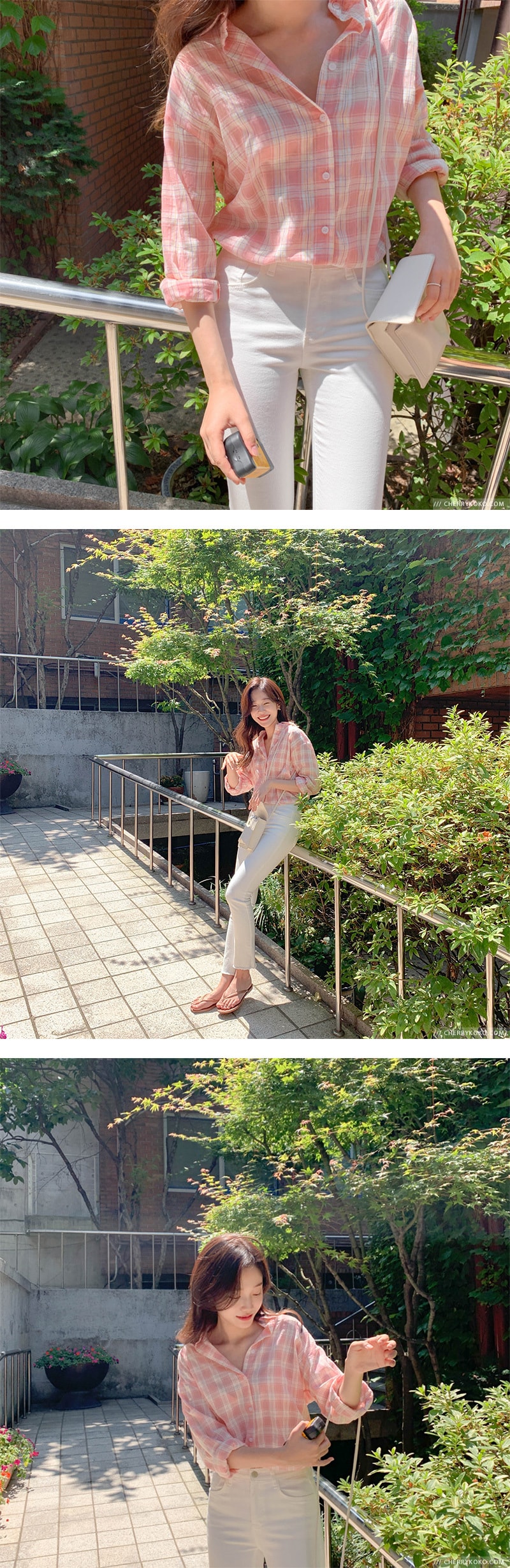 【韩国直邮】CHERRYKOKO 甜心少女舒适格纹防晒衬衫 粉色 均码