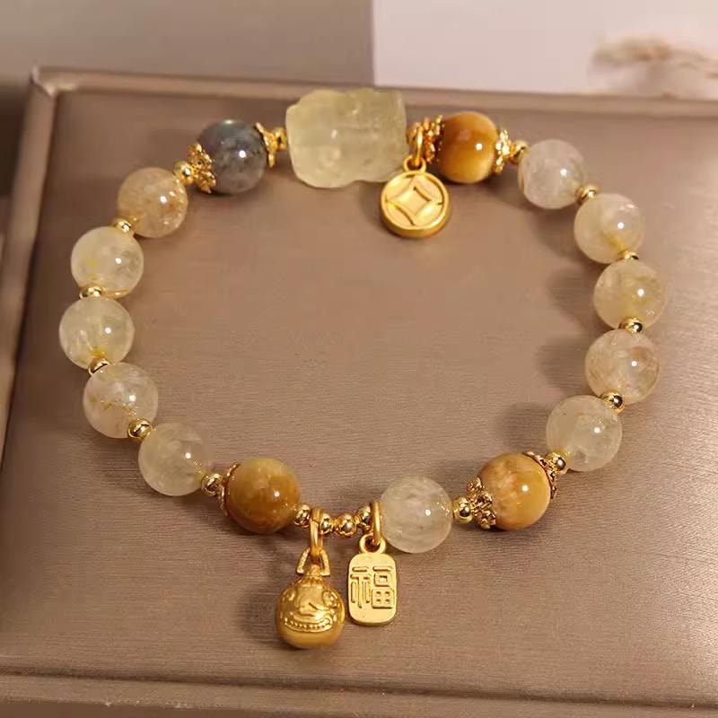 【財源滾滾】天然金髮晶月光石手鍊 女吞金獸手串 8mm 情人節送禮佳選