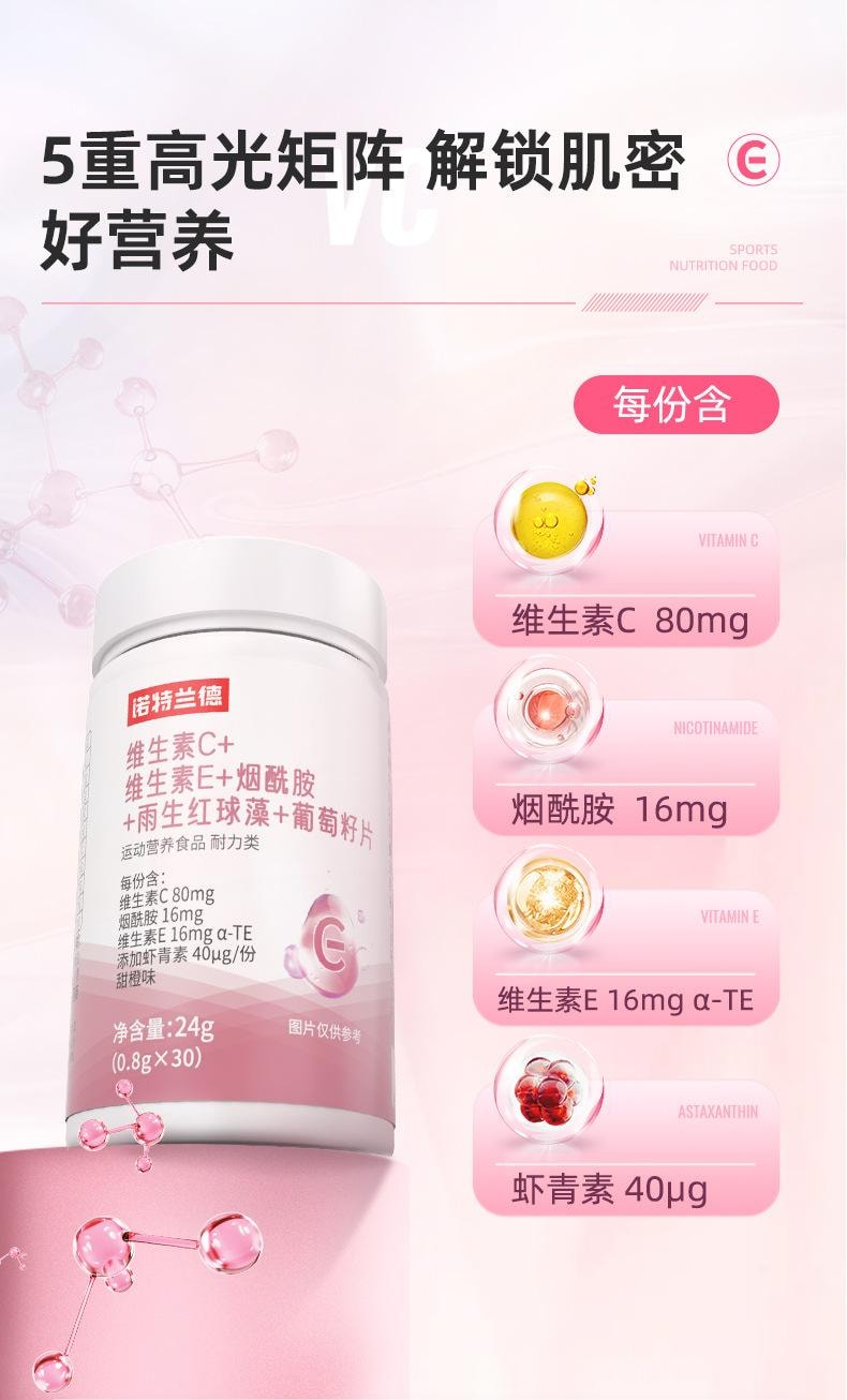 【中国直邮】 诺特兰德 维生素C+维生素E+烟酰胺+雨生红球藻+葡萄籽片虾青素VCVE30粒/瓶
