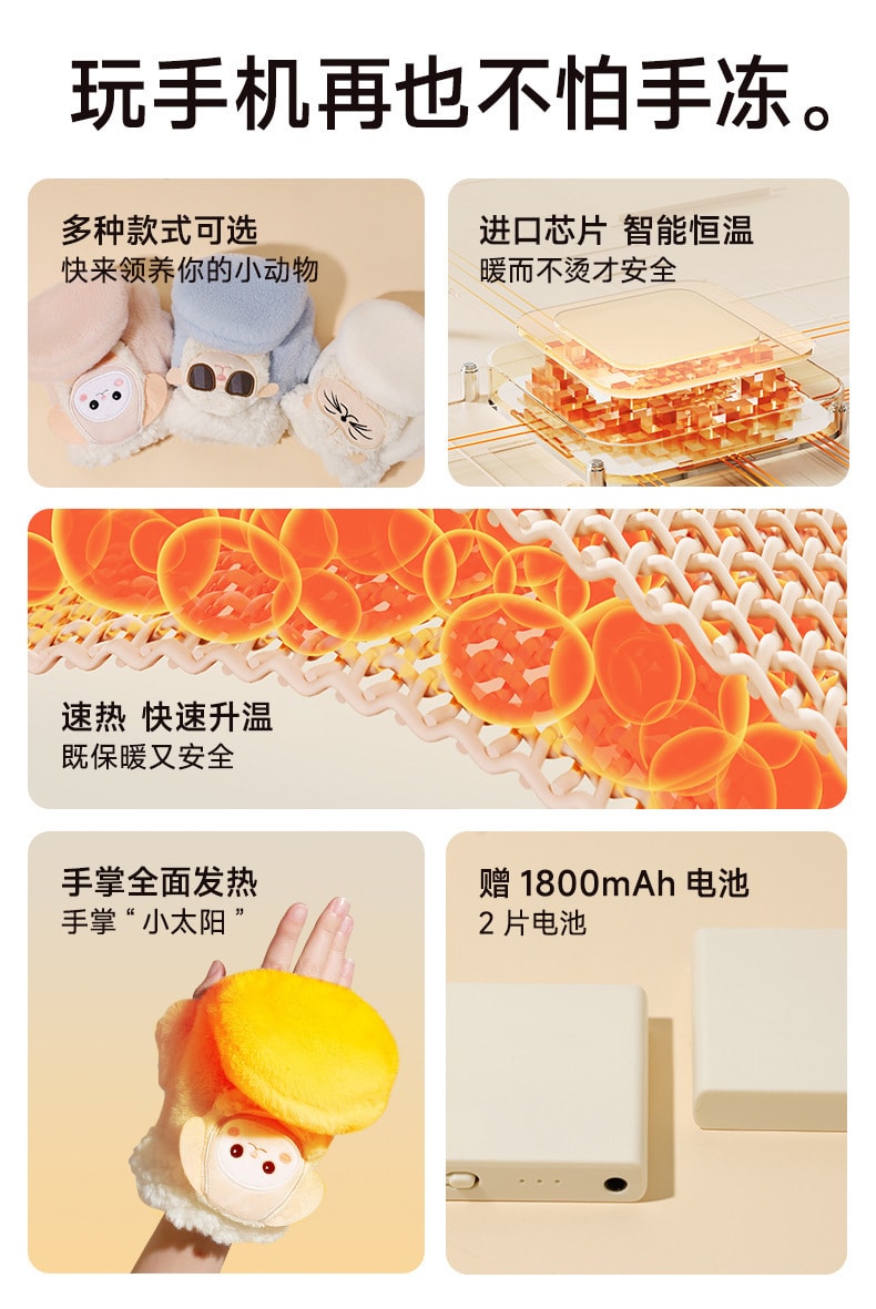 【中国直邮】 亲太太 发热手套usb充电式冬季新款女士骑行智能卡通暖手宝保暖神器  喜羊蓝白(办公半指款)