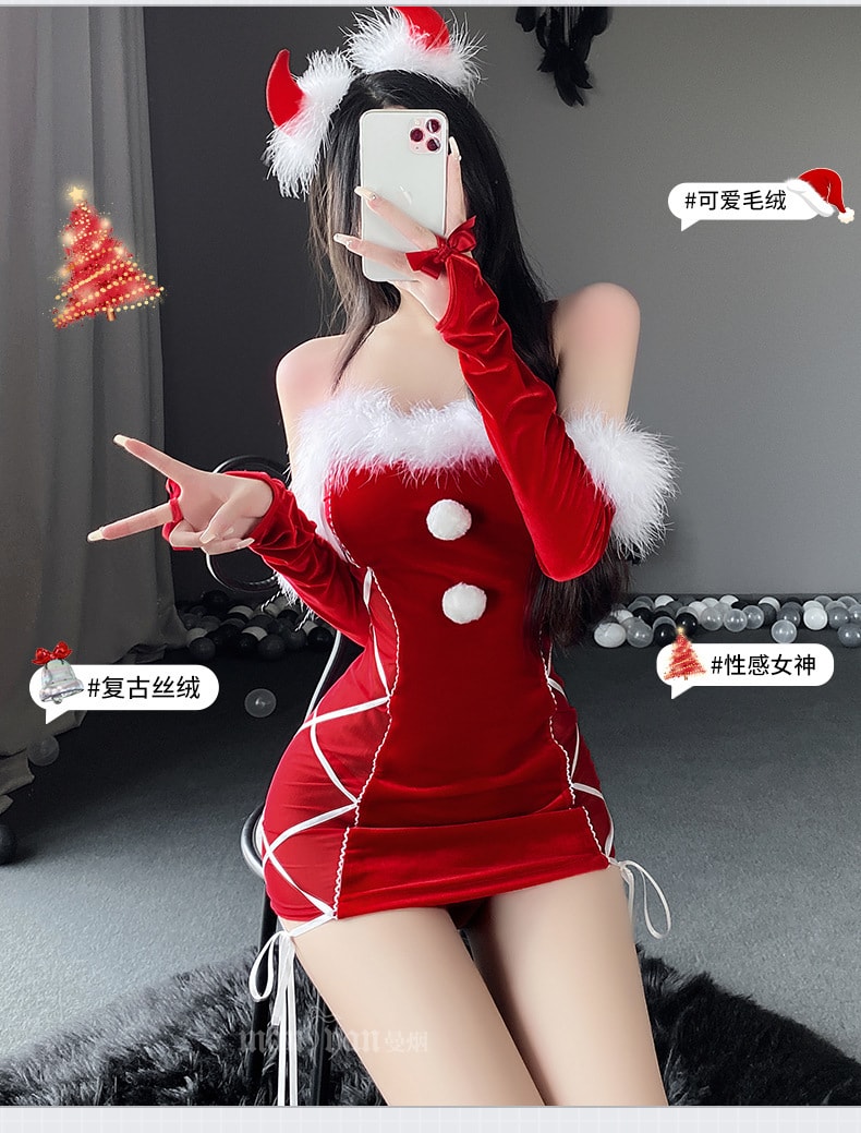 【中國直郵】曼煙 情趣內衣 性感抹胸毛絨 聖誕兔女郎套裝 紅色均碼(含髮箍)