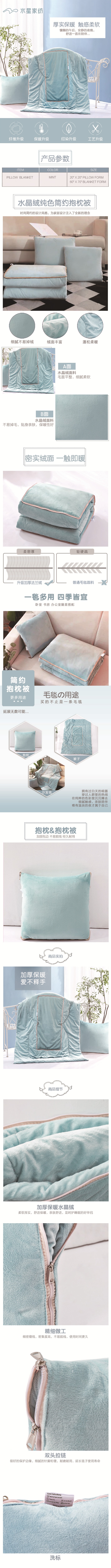 100% Cotton 2-in-1 Velvet Pillow Blanket 20" x 20" (Pillow form)/ 60" x 70" (Blanket form) - Blue