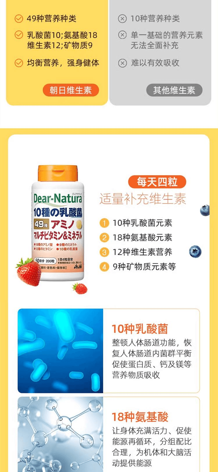 【日本直邮】ASAHI朝日 Dear-Natura 氨基49种维生素和矿物质营养补充剂 200粒/50天量
