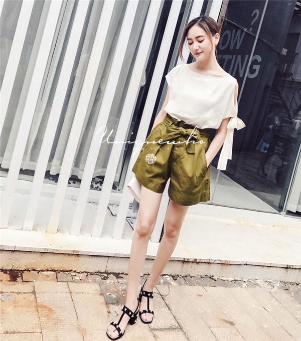 Spring Summer New Army Green Pure Cotton High Waist Shorts with Belt for Women M