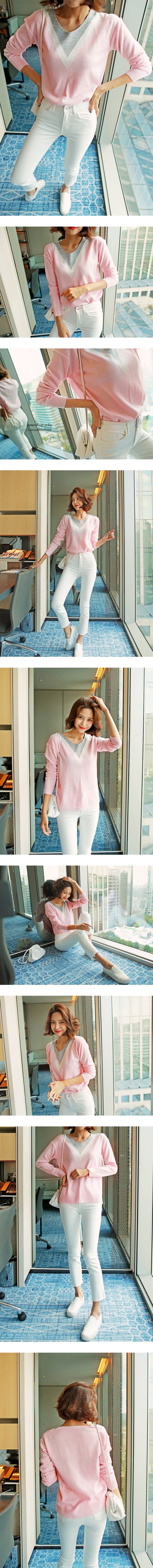 WINGS V-Neck Colorblock Sweater #Pink One Size(S-M)