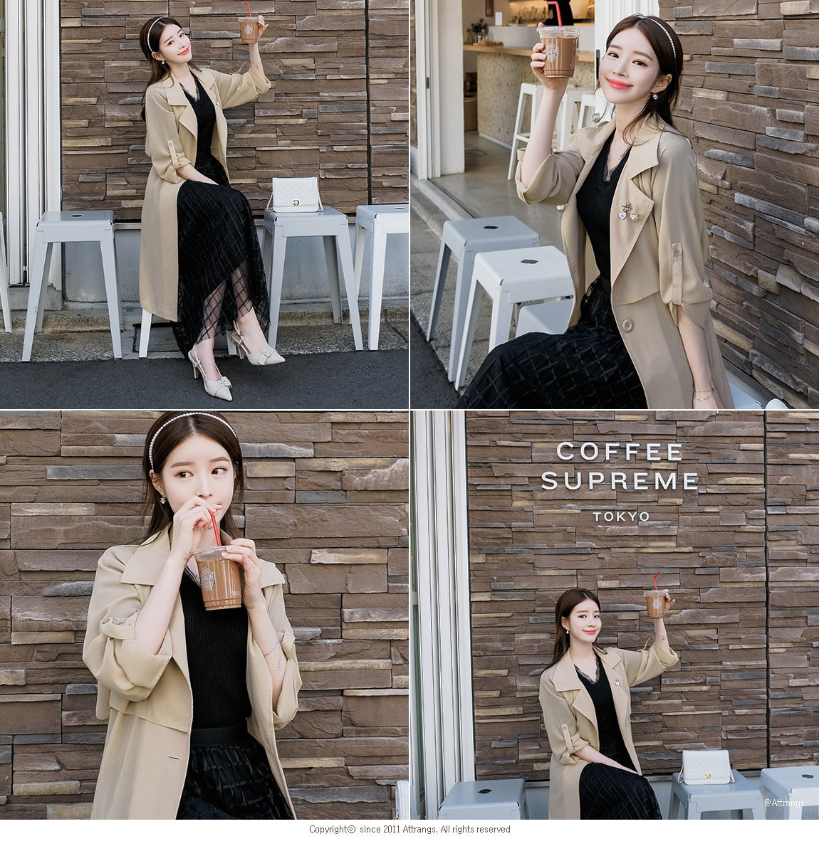 【韩国直邮】ATTRANGS 蕾丝领修身五分袖针织上衣+半身长裙套装 黑色 均码