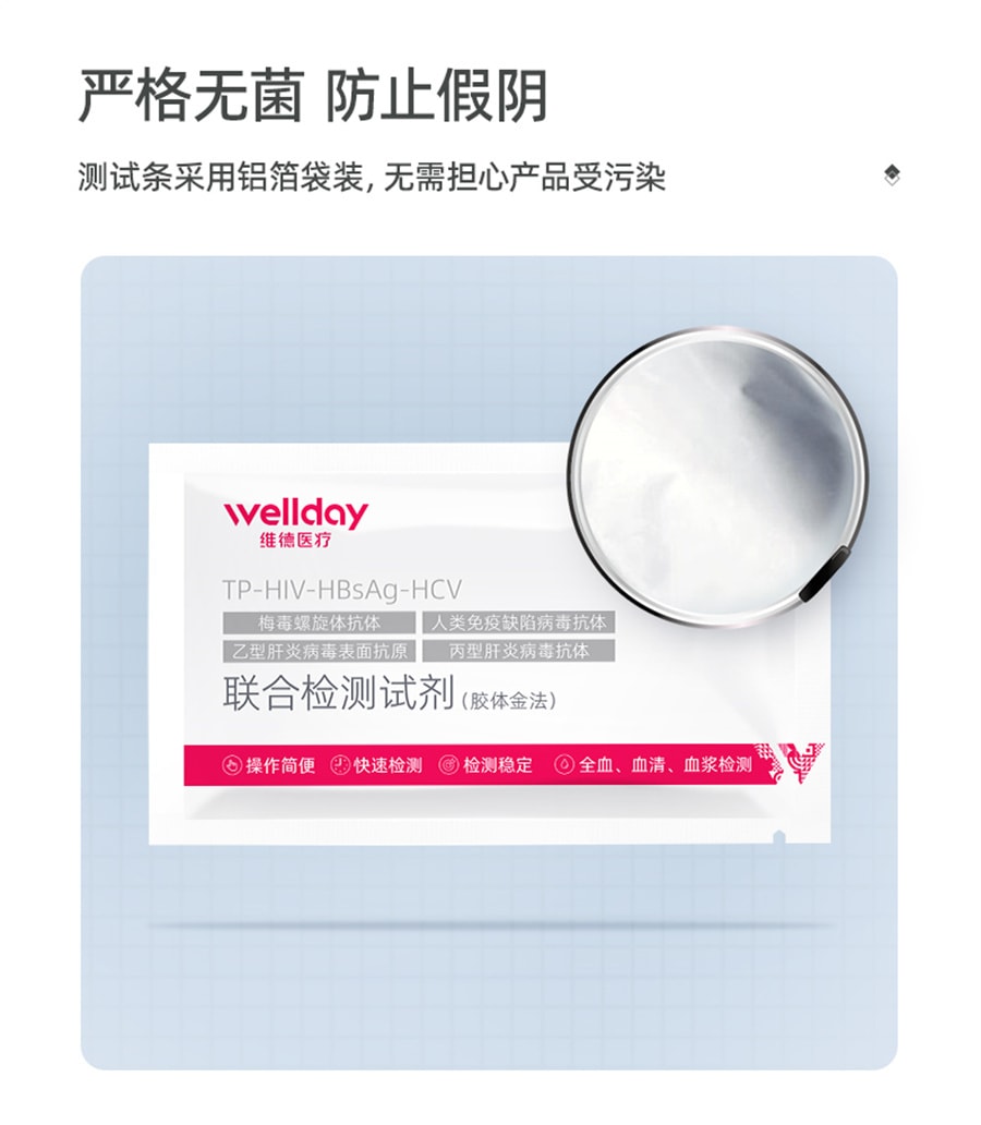 【中国直邮】维德医疗  hiv检测纸艾滋病梅毒乙肝性病血唾液自检艾滋病测试纸四合一  1人份/盒