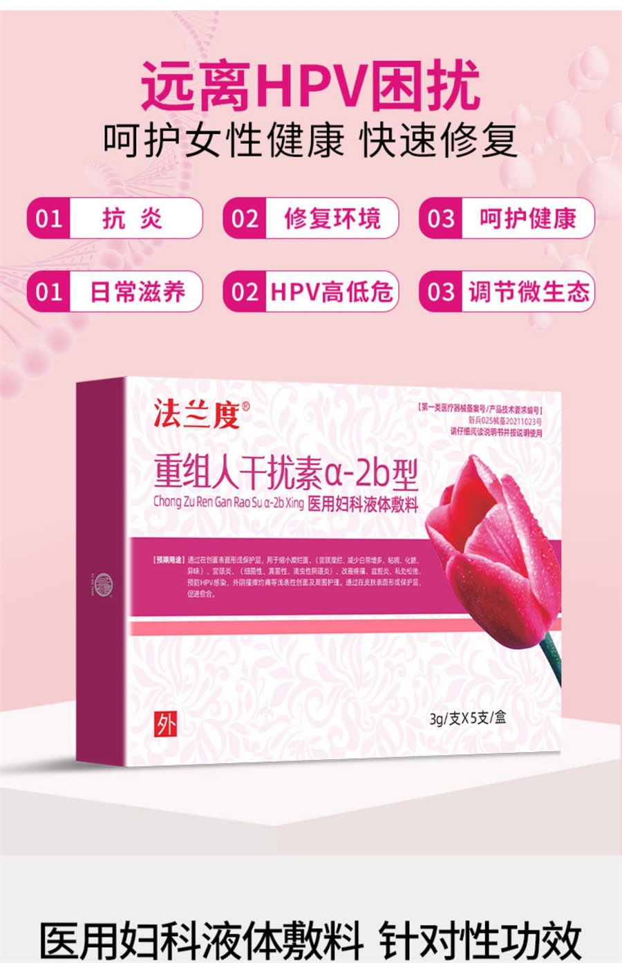 【中國直郵】法蘭度 婦科凝膠3g*5支抗hpv生物敷料蛋白重組人幹擾素子宮頸抑菌