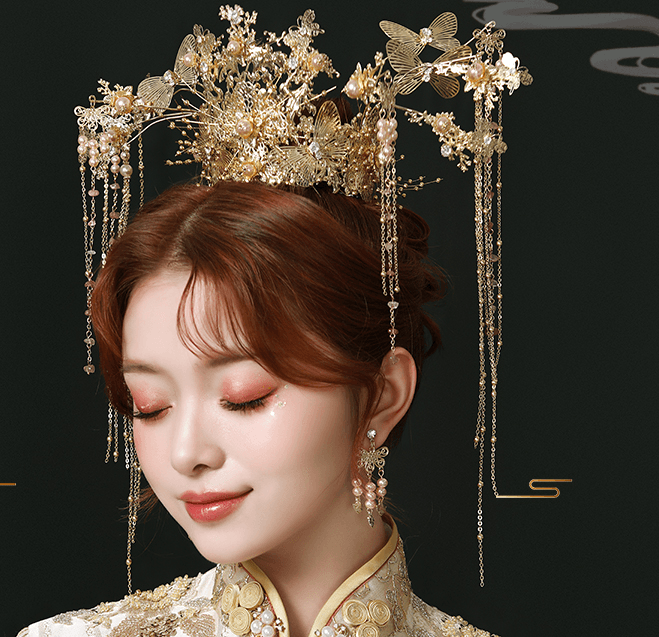 China Direct Mail 2019 Chinese style bride Chinese style headdress golden vintage fringed hair bun golden#1piece