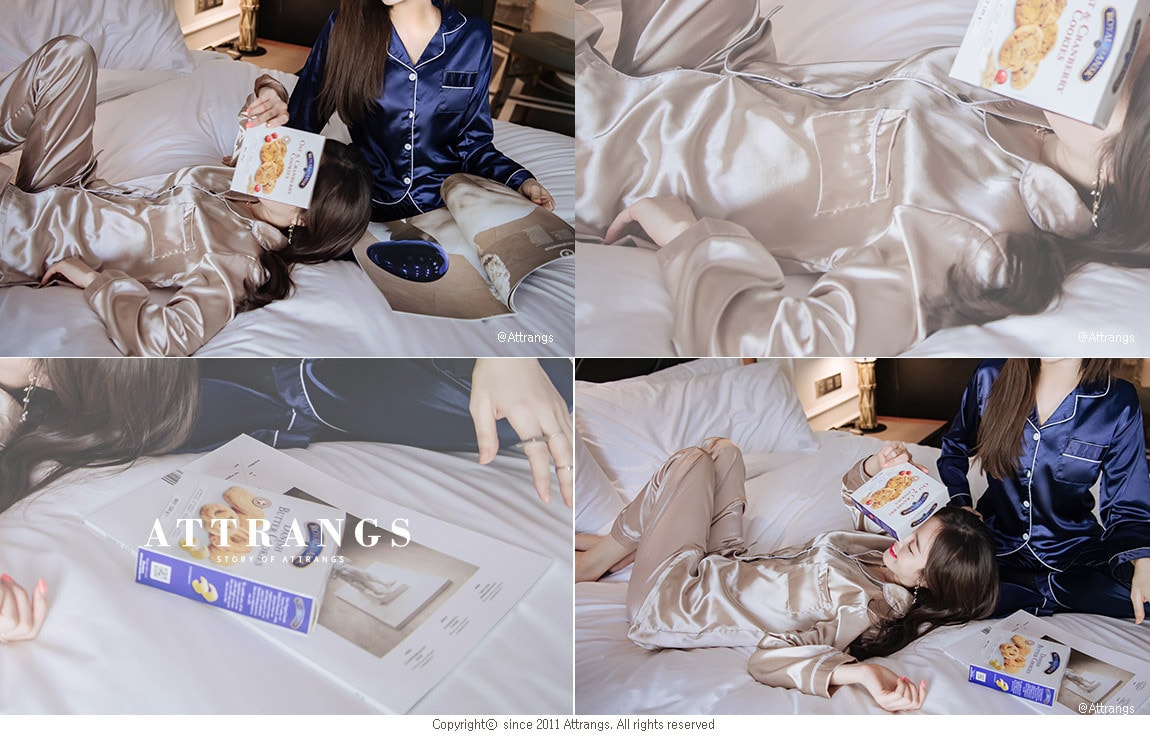 【韩国直邮】ATTRANGS 光泽感丝滑睡衣套装 米色 均码