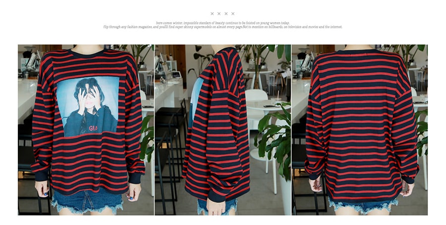 [KOREA] Striped Patch T-Shirt #Black&amp;Red One Size(Free) [免费配送]