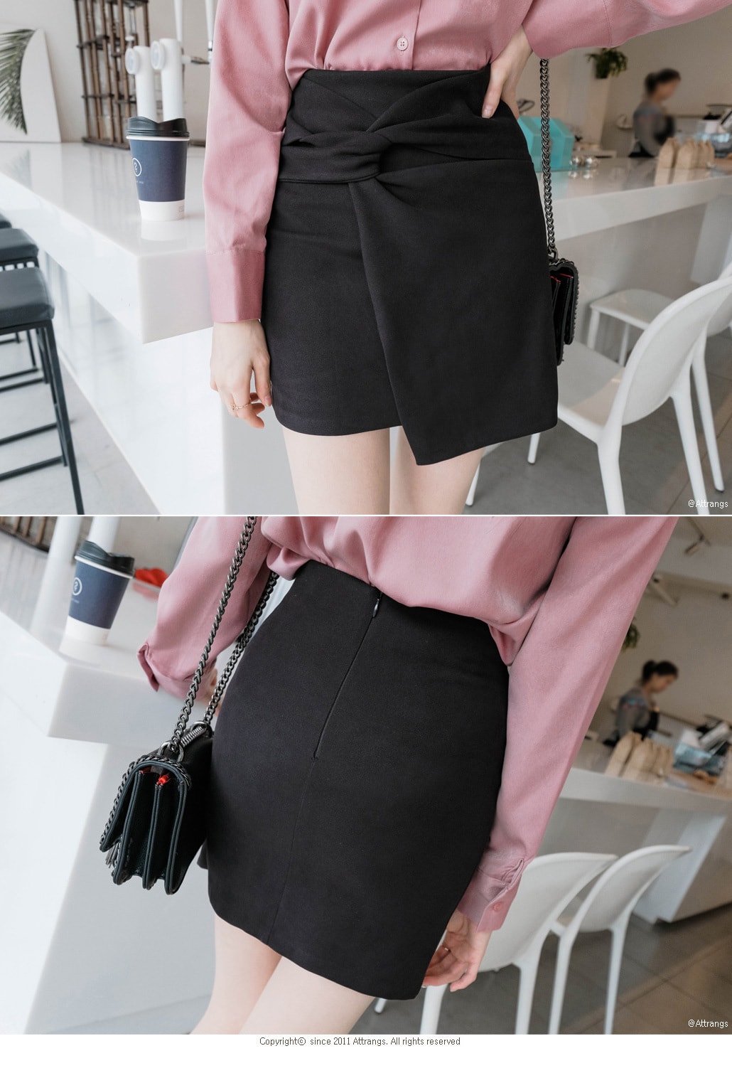 【韩国直邮】ATTRANGS  扭曲褶皱细节高腰短裙 黑色 S