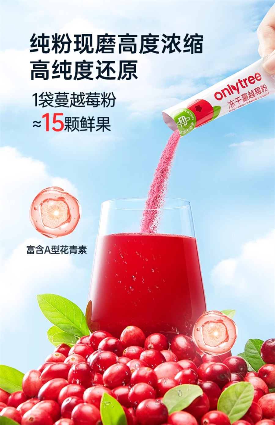 【中国直邮】onlytree  冻干纯蔓越莓粉高浓缩呵护女性健康含原花青素  10袋/盒