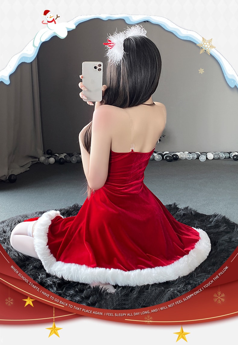 【中国直邮】曼烟 情趣内衣 性感抹胸毛绒吊带睡裙 连衣裙圣诞制服套装 红色均码(含丝袜不含发箍)