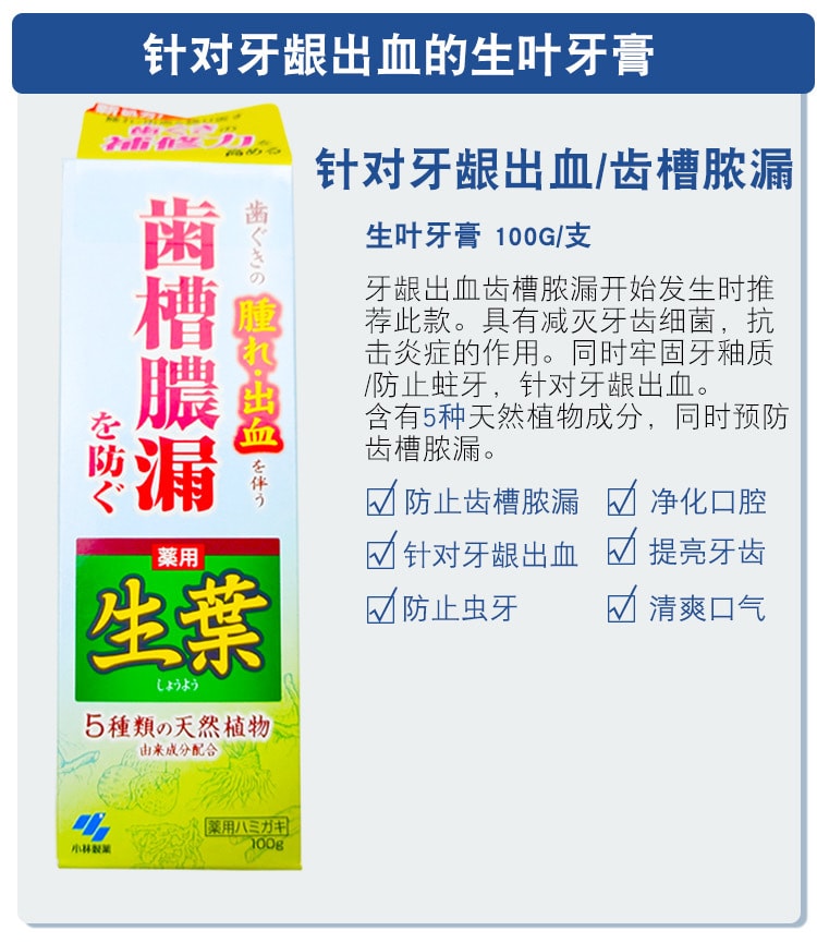 日本KOBAYASHI 小林制药 生叶天然植物牙膏 有效防止牙龈出血 100g