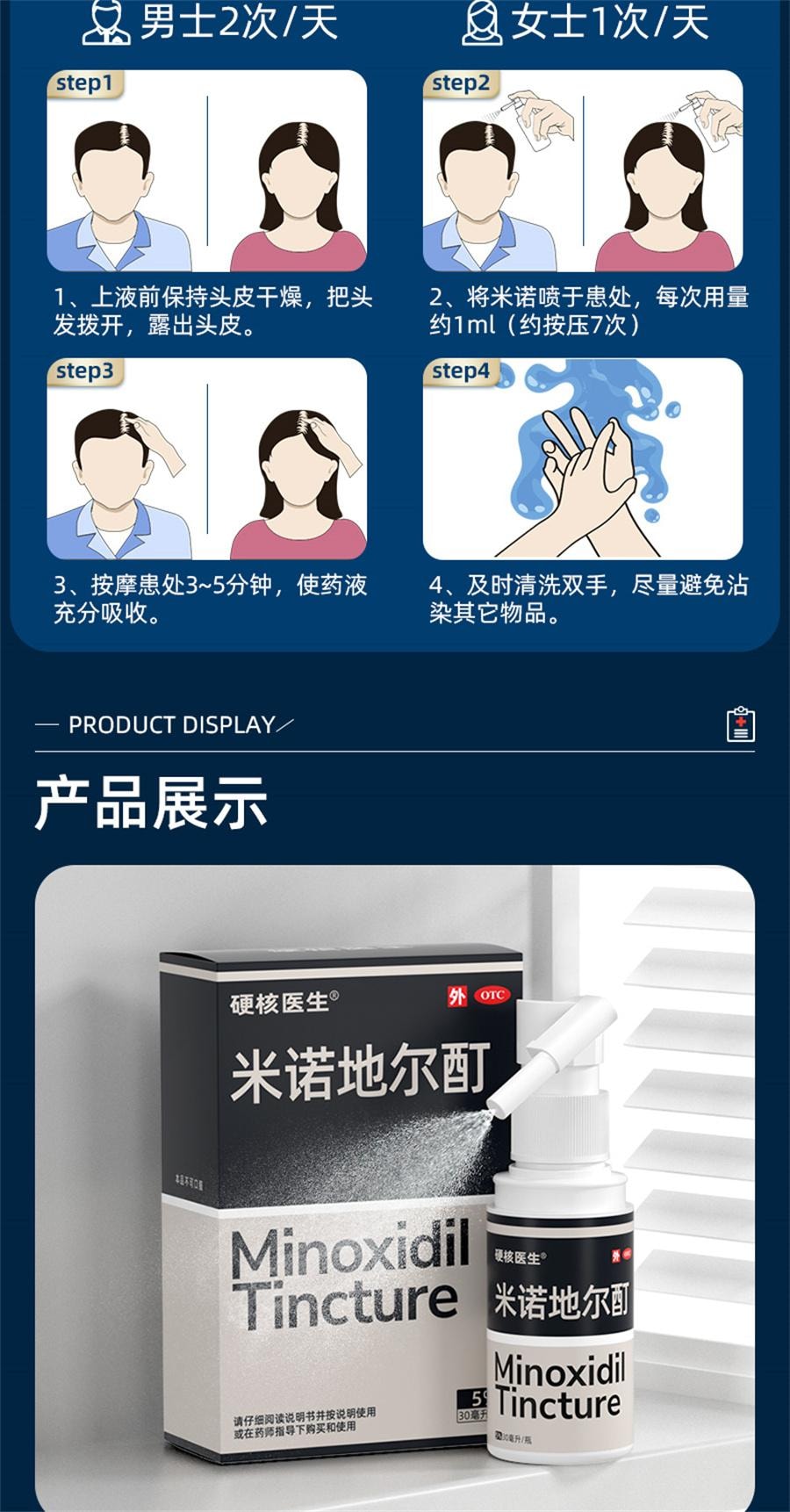 【中国直邮】 硬核医生 米诺地尔酊 脱发专用生发液喷雾剂米若地尓町女性男性30ml/瓶