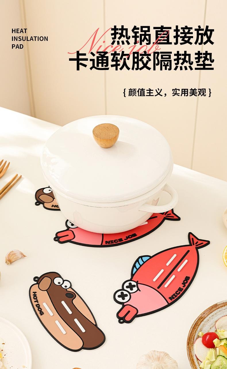 FOXTAIL 卡通锅盖收纳垫 硅胶 放置器 台面 沥水垫 隔热垫 多功能 厨房 置物架-腊肠狗+小丑鱼 1份