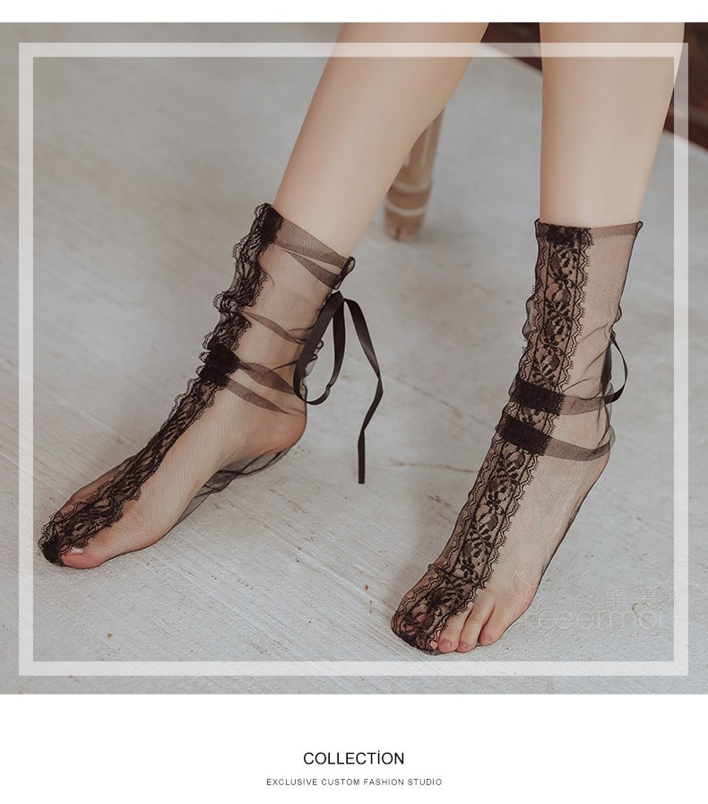 中國直郵 霏慕 蕾絲網紗透視堆堆襪子 漂亮美足專屬 情趣襪子 黑色一雙 (活動促銷)