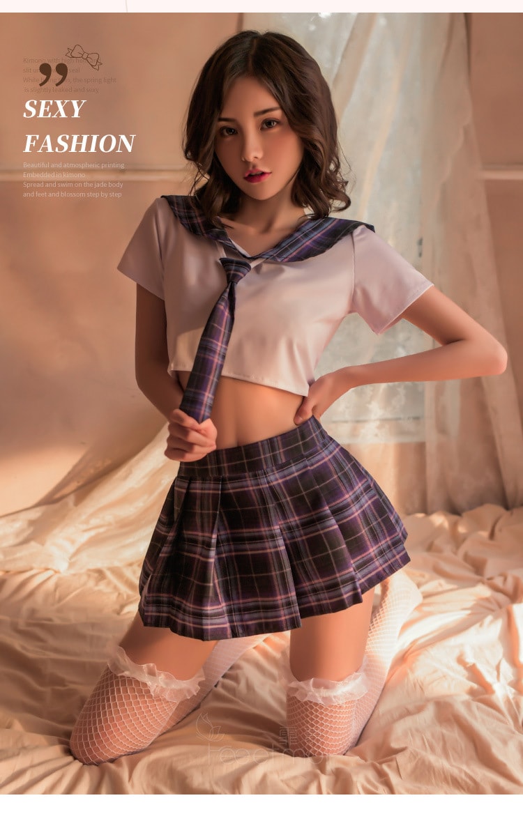 【中國直郵】霏慕 情趣內衣 日系學生百褶裙格子製服套裝 均碼 白藍格款