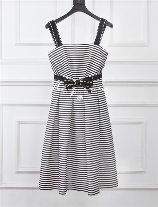 Black and White Stripe Bowknot Belted Long Slip Dress for Girls Women L