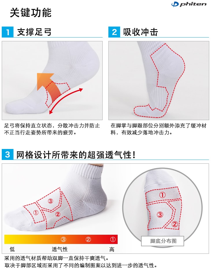 日本PHITEN法藤 水溶钛运动袜 白色 27~29cm (两双装)