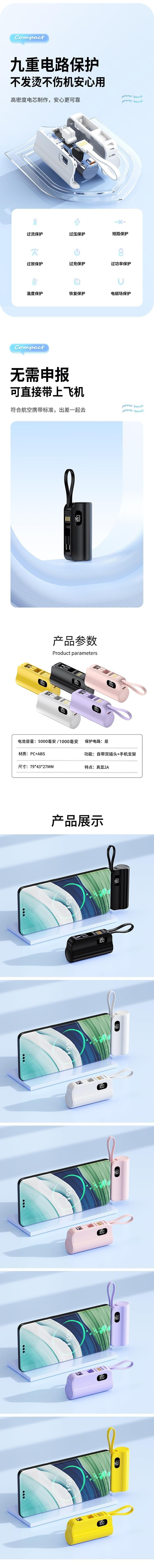 【中国直邮】 HSPM 新款双插头隐藏式胶囊充电宝 白色 10000毫安